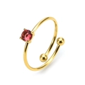 Detail van dunne gouden open ring met een vierpoot gezette ronde rode edelsteen - Eén maat (Verstelbaar) / Rode Zirkonia