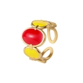 Detail view of gold adjustable ring featuring red and yellow enamel oval decorations - J366-3 Red Yellow Oval / Adjustable Open