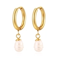 Elegant 18K gold stainless steel hoop earrings with natural freshwater pearl pendants - Pearl Pendant Earrings Gold / Gold