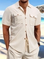 Detail of men's beige waffle knit shirt showing textured fabric and wooden buttons - Khaki