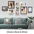 Modern minimalist photo wall set with 11 black and white wood frames on grey background - Black and White Combination / 10 Frame Set