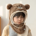 Brown teddy bear plush hooded hat with transparent face mask and neck warmer for kids - Brown Tiger