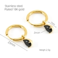 Minimalist gold-plated stainless steel hoop earrings with black zircon water drop pendant - Black