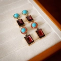 Vintage style gold earrings with turquoise stones and colorful rhinestones in a tray - No.47 Silver Pin Dark Red Square Style