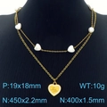 Double-layered gold necklace with white beads and Love You engraved heart pendant - Necklace / Gold
