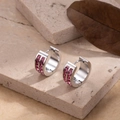 Silver stainless steel huggie earrings with double-row pink square zirconia stones - Stainless Steel/Zirconia / Silver with Pink Zirconia