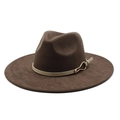 Dark brown suede wide brim fedora hat with a beige leather strap and gold metal buckle - M (56-59cm) / Coffee Suede