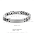 Silver stainless steel Cuban link ID bracelet with dimensions and product specifications - Silver (W-3-3)