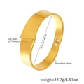 Detailed view of wide 18k gold plated stainless steel bangle with buckle and dimensions - Mirror Wide Surface Hinge Bracelet (Z144) / Gold