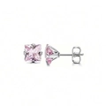 Square pink zirconia stud earrings with four-prong silver stainless steel setting - Pink
