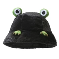 Cute black plush frog bucket hat with big green eyes and soft velvet paws for winter - One Size / Black