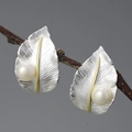 S925 silver leaf stud earrings with gold vein and white pearl on natural wood branch - Silver and Gold Two-tone