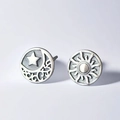 Punk style celestial stud earrings with moon star and sun patterns in antique silver finish - Asymmetric Sun Moon Star Pair / Antique Silver