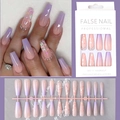 Uñas postizas largas tipo ataúd con degradado morado, mariposas y detalles de piedras - Estilo de Mariposa Degradado Púrpura Rosa (CBLCY-02) (Tipo de Pegamento)
