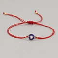 Handmade red braided cord bracelet with blue evil eye charm and adjustable golden beads - Red String Dark Blue Evil Eye (JS-B220033B)