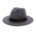 Classic dark grey wool fedora hat featuring a black grosgrain band with wide flat brim - One Size / Dark Gray