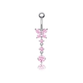 Piercing de nombril papillon rose avec zircons brillants et tige en acier inoxydable - Papillon Rose