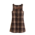 Vintage brown plaid sleeveless dress with square neck and button-front detailing - S / Brown Plaid