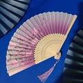 Bamboo folding fan with purple gradient cherry blossom print and matching tassel - Purple Pink Gradient Cherry Butterfly