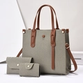 Three-piece khaki canvas tote bag set with brown faux leather trim and tassel detail - Green