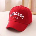 Detail of red cotton baseball cap featuring white Chicago U.S.A letter embroidery - 54cm (Suggested for 3-10 Years) / Pink
