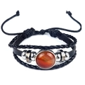 Multilayer black leather woven bracelet with orange agate stone and silver metal beads - Red Agate
