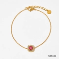 Gold stainless steel bracelet featuring a pink square gemstone with halo diamonds - Gold Bracelet with Red Zirconia(SBK182)