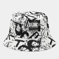 Detail view of double-sided bucket hat featuring black letter graffiti on white canvas - White Base Black Floral Graffiti (Color #14)