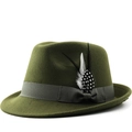 Olive green wool fedora hat with elegant feather decoration and grey ribbon band - M(56-58cm) / Army Green
