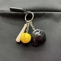 Mini baseball keychain set with black leather glove, wooden bat and yellow softball - Small Yellow Ball and Glove Set / Black
