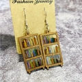 Classic wooden bookshelf water drop earrings with colorful miniature books detail - Wood Bookshelf Earrings