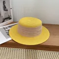 Bright yellow woven flat top boater hat with a pleated khaki fabric band for summer sun protection - M / Yellow with Beige Ribbon