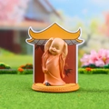 Cute resin little monk figurine in orange robe on matching textured base decor - 1034-23B Zen Life Set