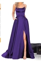 Elegant dark purple satin evening gown with thin straps and a high side slit detail - US size 12 (L) / Top And Bottom / Violet