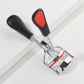 Mini stainless steel eyelash curler with black non-slip handle and red silicone pad - Black Red