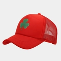Detail of red trucker hat featuring green shamrock embroidery and breathable mesh back - Solid Red