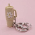 Miniature beige tumbler keychain with daisy flower charm and silver lobster clasp - Beige Flower Cup Keychain