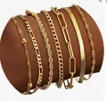 Set of 6 gold-plated layered bracelets with Cuban, Figaro, and snake chain designs - Golden Twist, Paperclip, Snake Variety Mix Set