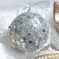 Sparkling silver Christmas ball ornament with snowflake sequins and metallic top ring - Silver Snowflake Sequin Ball 8cm