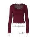 Detail of wine red slim fit long sleeve top featuring delicate lace trim on neckline - S / Burgundy