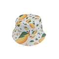 Detail showing high-quality stitching and vibrant mango fruit print on white cotton sun hat - M (56-58cm) / White Mango Print
