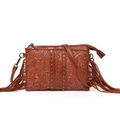 Brown Bohemian PU leather crossbody bag with floral embossing and side tassels - Brown