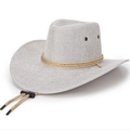 Western linen cowboy hat with triple rope band and chin strap for sun protection - Light Gray