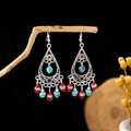 Bohemian tassel earrings in silver finish with turquoise blue and red bead details - Antique Silver + Multicolor Beads (E5839)