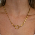 18K gold plated stainless steel woven chain necklace with circle spring clasp on model - Gold NK Chain Big Clasp Necklace