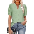 Women casual light green V-neck hollow out puff sleeve T-shirt with eyelet embroidery - S / Light Green
