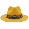 Detailed view of ginger wool fedora hat with ethnic turquoise band and colorful tassels - M(56-58cm) / Yellow (Ethnic Decorative Band)