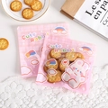Pink self-sealing plastic bag with cute rabbit pattern and rainbow design for snacks - Rainbow Rabbit / 13.5 x 13.5cm