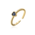 Macro detail of gold plated ring with heart-shaped blue zircon and beaded band texture - Adjustable Open / Royal Blue Style (10721)
