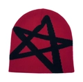 Close-up of red knit beanie featuring black star pattern and high-quality fabric texture - One Size / Burgundy